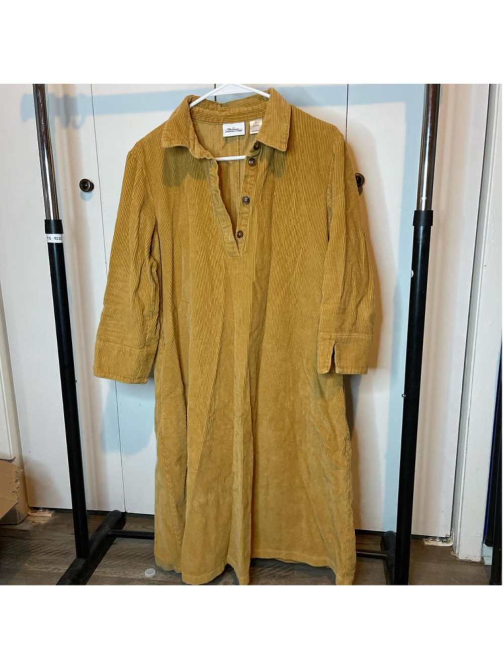 Mustard yellow corduroy dress with button up detail #corduroydress